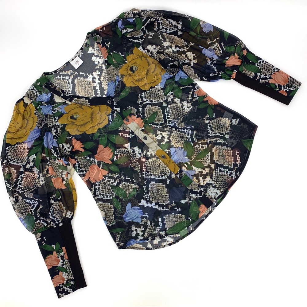 Cabi Snake Charmer Blouse # 3762,  Floral and Snakeskin Print V-Neck Top, Medium